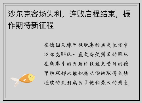 沙尔克客场失利，连败启程结束，振作期待新征程