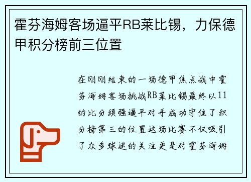 霍芬海姆客场逼平RB莱比锡，力保德甲积分榜前三位置